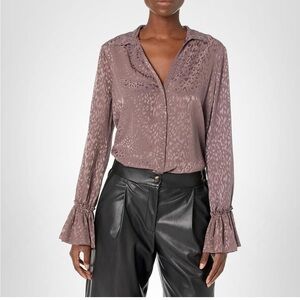 PAIGE Abriana Leopard Print 100% Silk Shirt Blouse Satin Jacquard Truffle